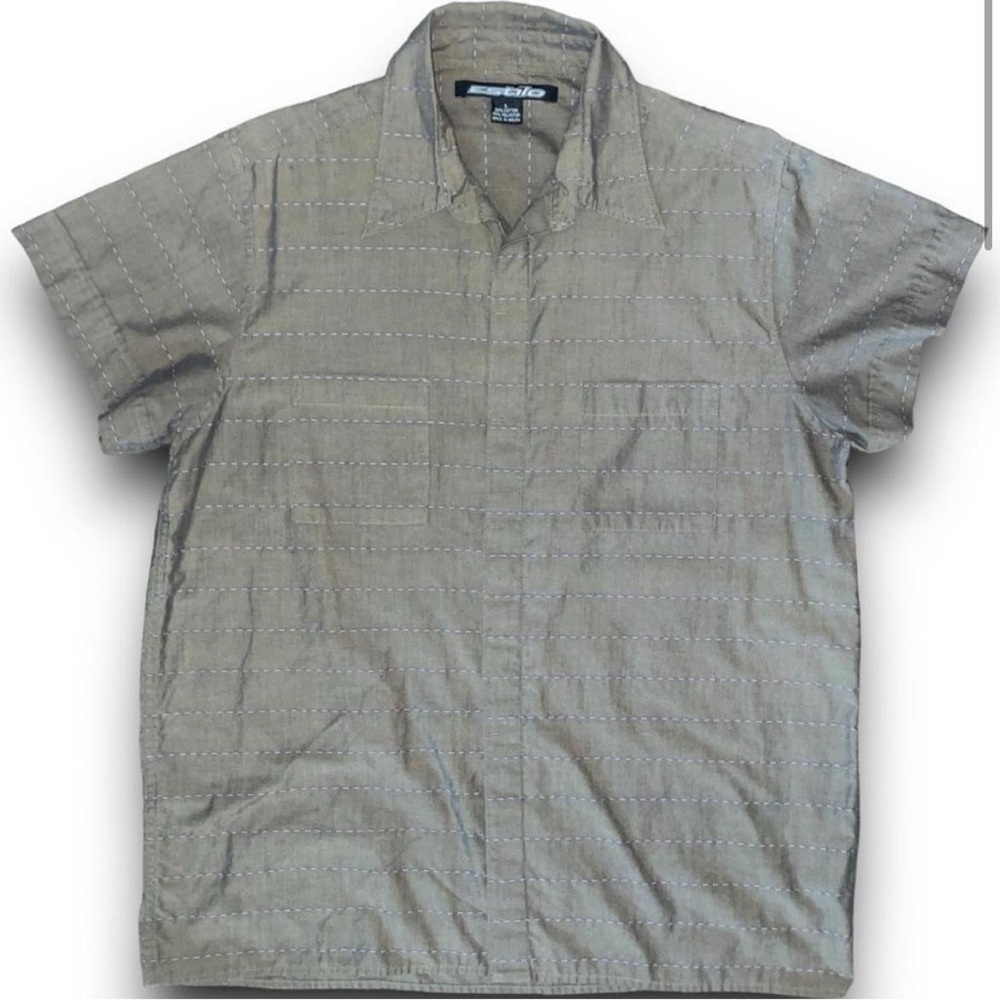 Striped Short Sleeve Button Up‎ Shirt Multi Stitch Knit Retro Mens Large Casual
